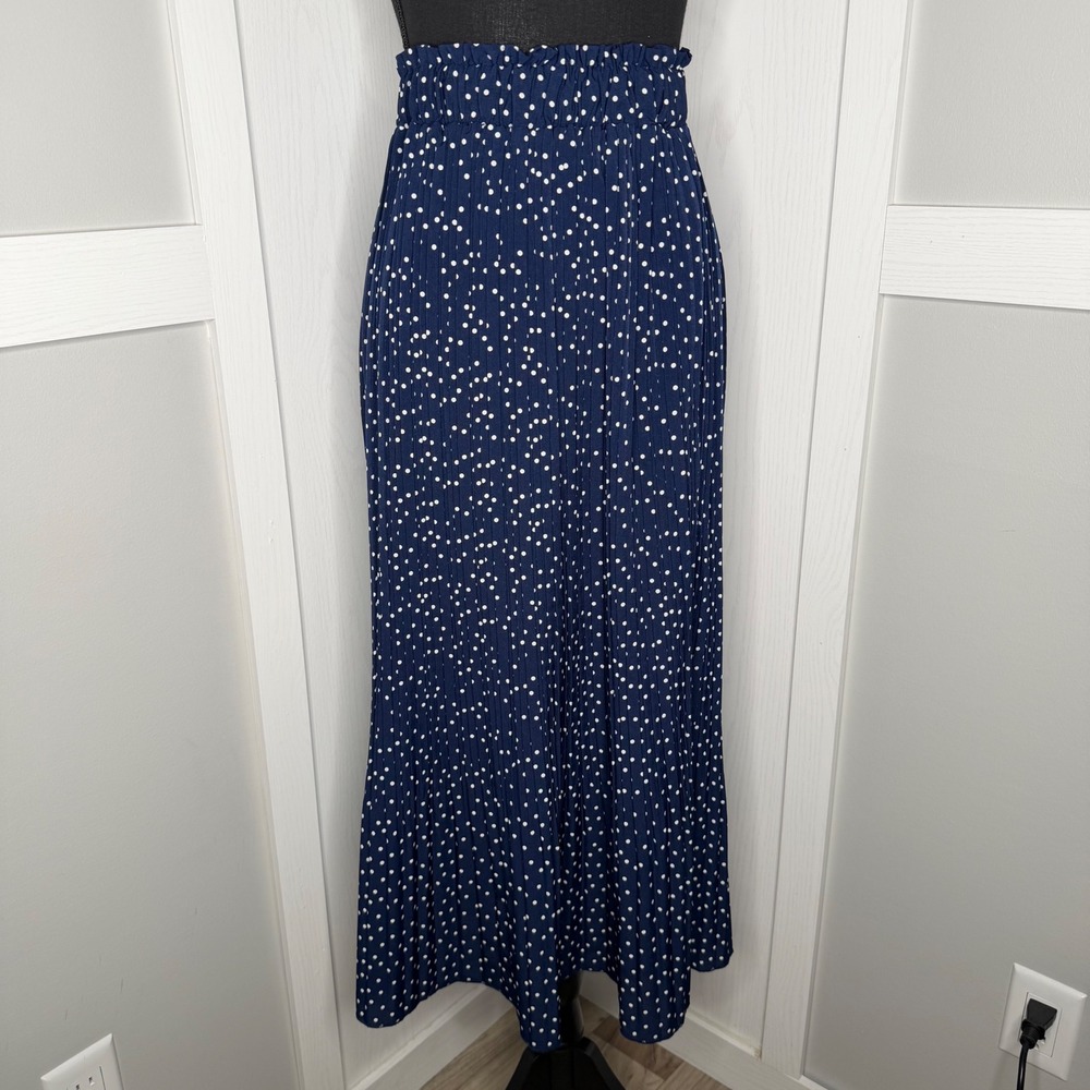 Lock & Love Maxi Skirt Womens Large Navy Blue Polka Dot Pleated Paperbag Waist
